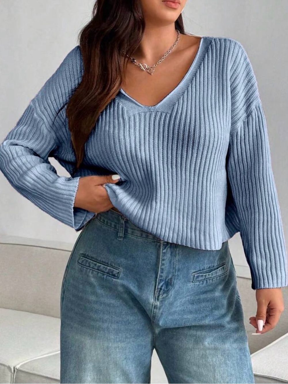 SHEIN Light Blue Ribbed V-Neck Sweater
